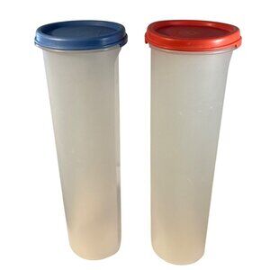 Tupperware Spaghetti Keeper Set of 2 Tall Clear Canisters Red & Blue Lids 11"